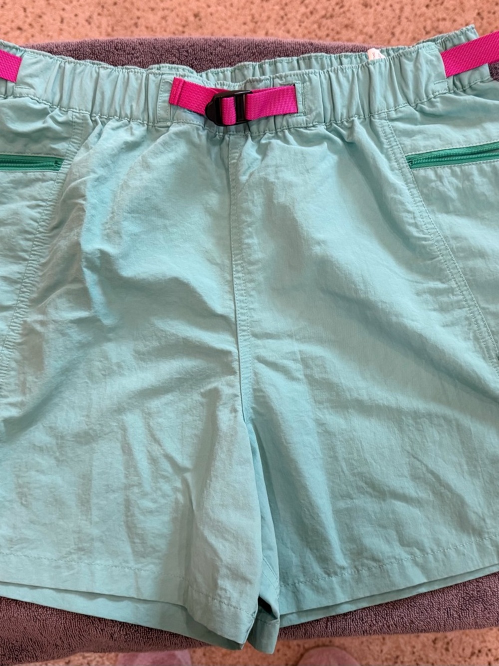 Patagonia Aqua Shorts with Pink Webbing Belt